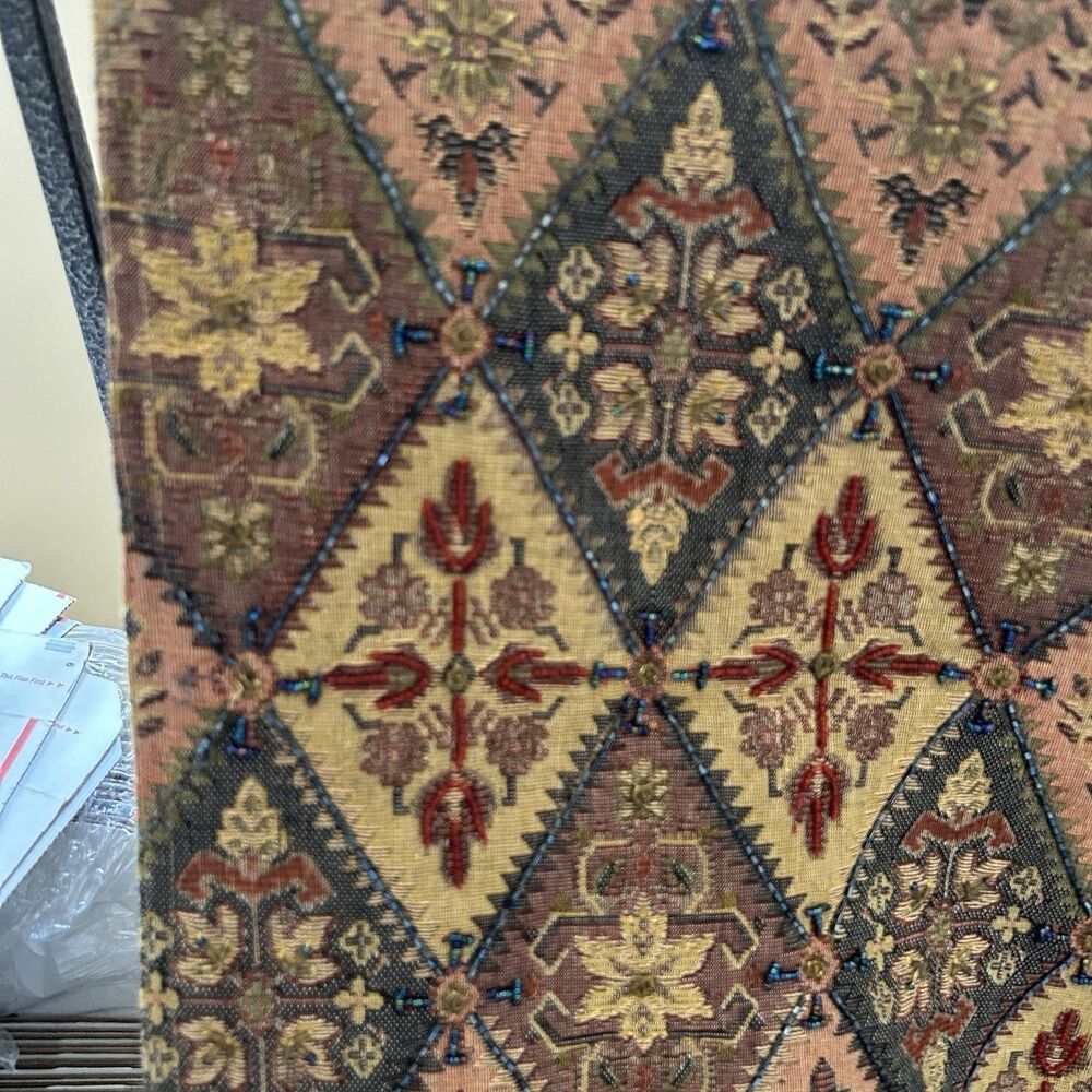 Vtg Pier 1 Tapestry Fringe Throw Blanket Boho Beaded Diamond Pattern 49x59